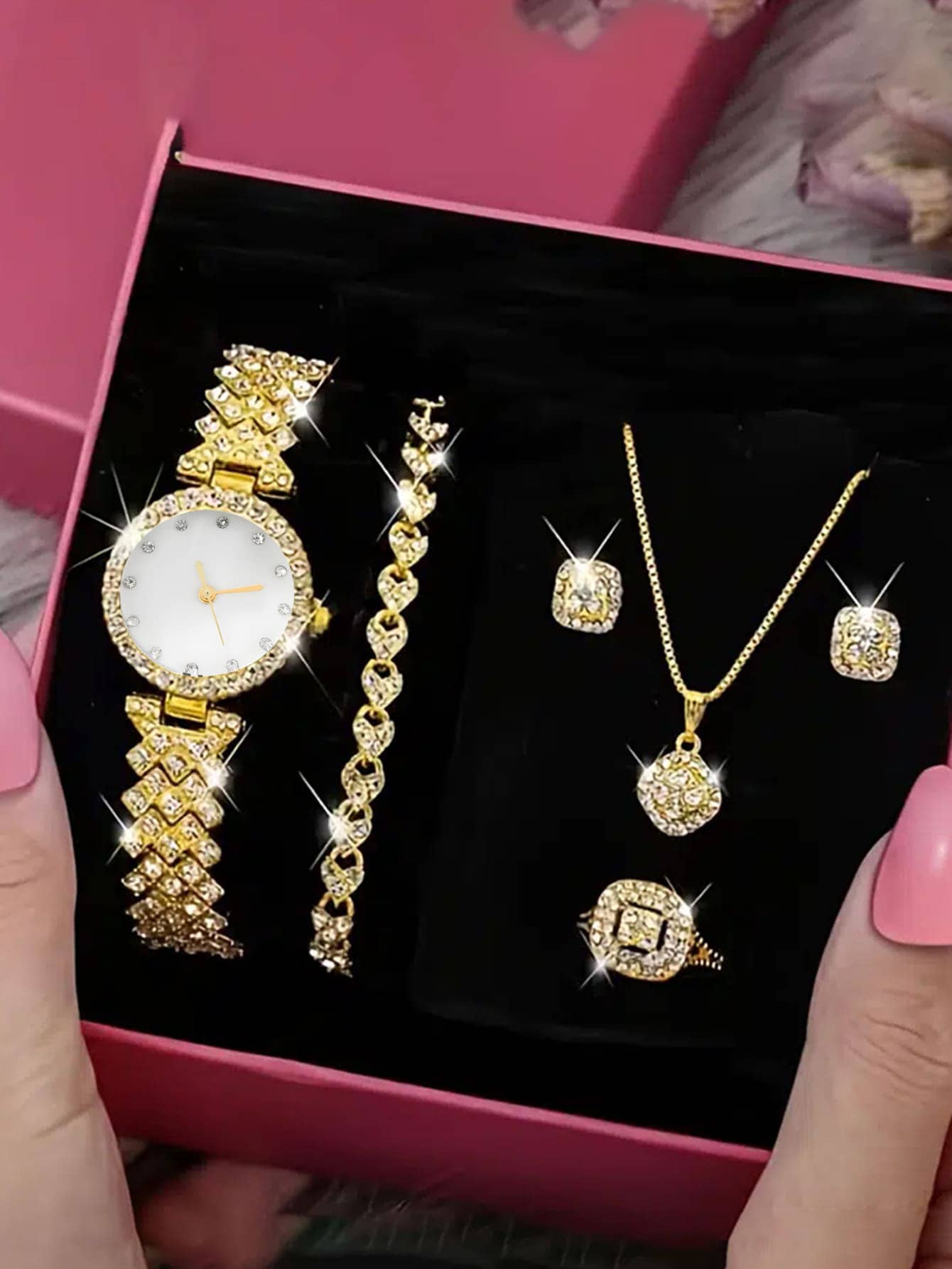 Đồng hồ thạch anh trang trí bằng đá thạch anh 1 cái & Bộ trang sức 5 chiếc - Vàng - Xem 1