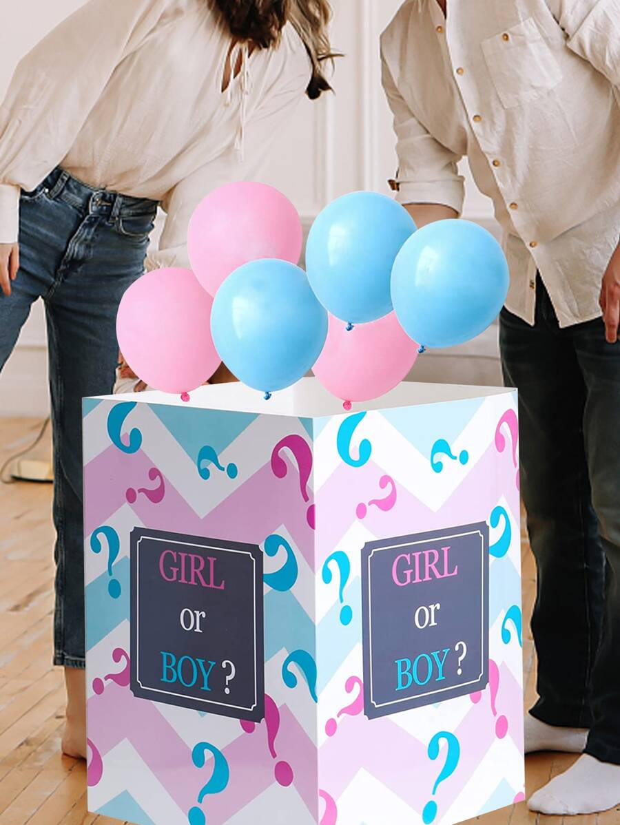 7pcs Gender Reveal Box Set With 3 Pink And 3 Blue Balloons For Surprise Party Valentine Day