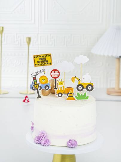 10pcs/set Paper Cake Topper, Cartoon Excavator Design Cake Top Decoration For Party