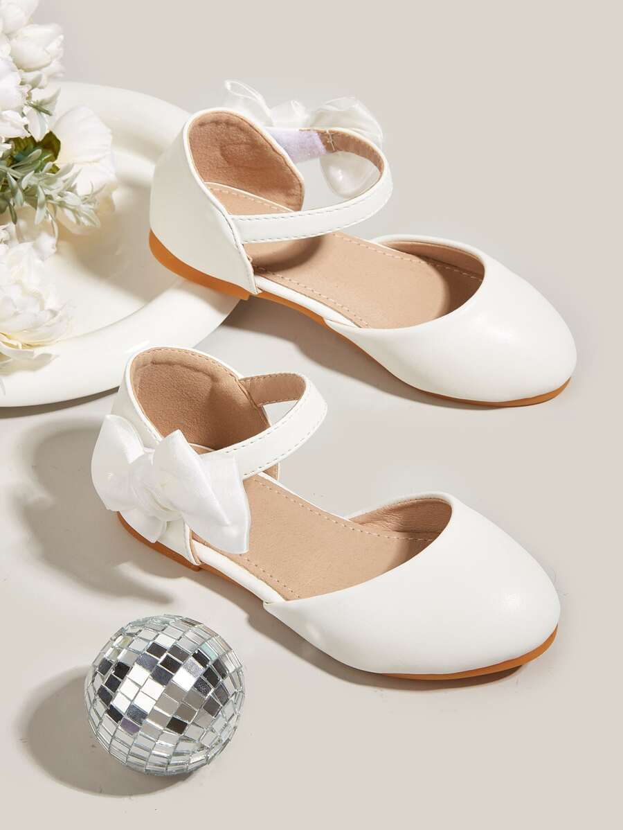 Girls Bow Decor Ankle Strap Flats, Preppy White Flats