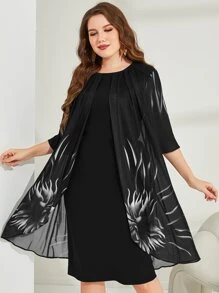 Mulvari Plus Graphic Print Fold Pleated Detail Dress Maxi Women Outfit