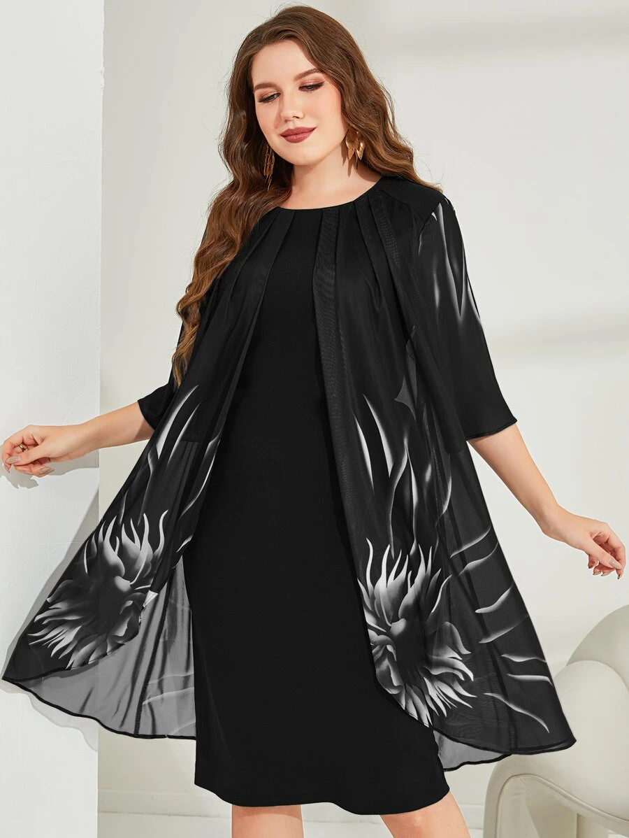 Mulvari Plus Graphic Print Fold Pleated Detail Dress Maxi Women Outfit