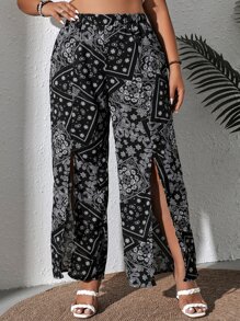 SHEIN LUNE Plus Paisley Print Split Thigh Wide Leg Trousers - Multicolor - View 1