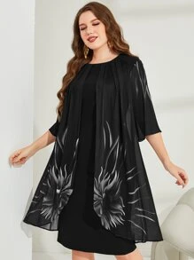 Mulvari Plus Graphic Print Fold Pleated Detail Dress Maxi Women Outfit