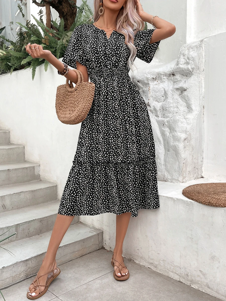 SHEIN VCAY Allover Print Notched Neckline Ruffle Hem Dress - Black and White - View 1