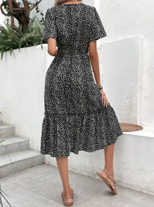 SHEIN VCAY Allover Print Notched Neckline Ruffle Hem Dress - Black and White - View 2