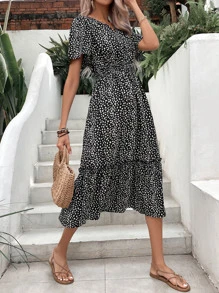 SHEIN VCAY Allover Print Notched Neckline Ruffle Hem Dress - Black and White - View 6