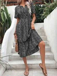 SHEIN VCAY Allover Print Notched Neckline Ruffle Hem Dress - Black and White - View 5