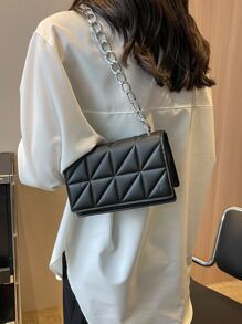 時尚、極簡、休閒、迷你拼接鏈條掀蓋方形包,適用於女生、少女 - 黑色 - 查看 2