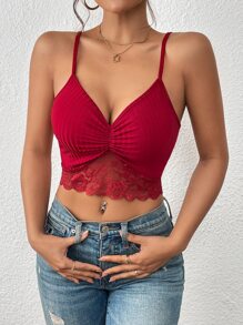 SHEIN Privé Contrast Lace Ruched Cami Top - Burgundy - View 1