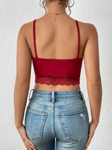 SHEIN Privé Contrast Lace Ruched Cami Top - Burgundy - View 2