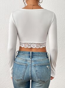 SHEIN Privé Áo thun nữ Tương phản ren Gân đan Nếp gấp Phần Ngực màu trơn Giải trí - trắng - Xem 2