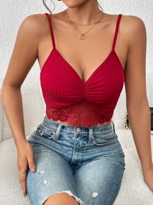 SHEIN Privé Contrast Lace Ruched Cami Top - Burgundy - View 3