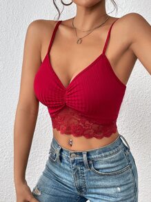 SHEIN Privé Contrast Lace Ruched Cami Top - Burgundy - View 4