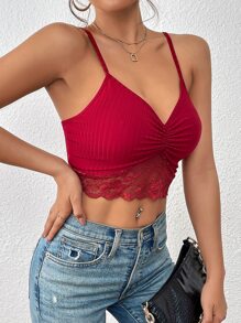 SHEIN Privé Contrast Lace Ruched Cami Top - Burgundy - View 5