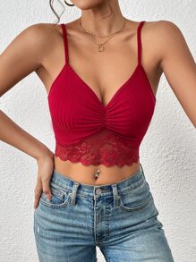 SHEIN Privé Contrast Lace Ruched Cami Top - Burgundy - View 6