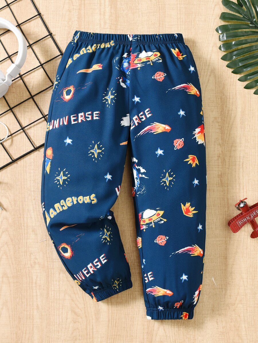SHEIN Toddler Boys Rocket & Star Print Trousers - Blue - View 1