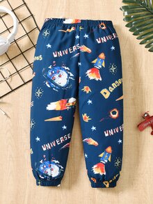 SHEIN Toddler Boys Rocket & Star Print Trousers - Blue - View 2
