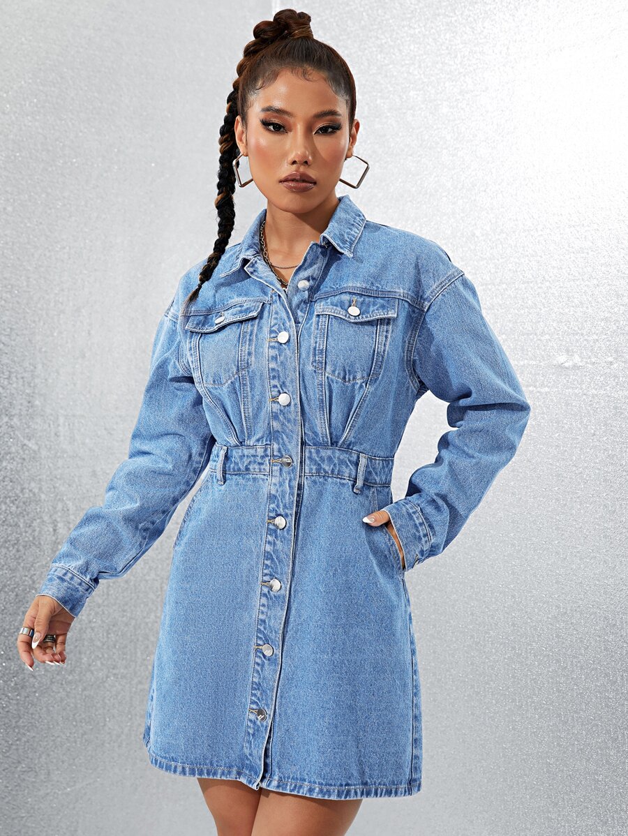 Váy denim nữ Túi Nút phía trước màu trơn Giải trí - Rửa trung bình - Xem 1