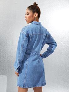 Váy denim nữ Túi Nút phía trước màu trơn Giải trí - Rửa trung bình - Xem 2