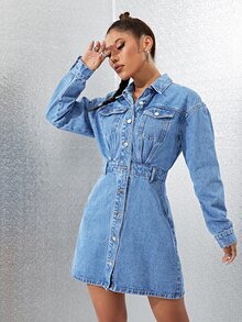 Váy denim nữ Túi Nút phía trước màu trơn Giải trí - Rửa trung bình - Xem 4