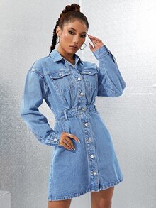 Váy denim nữ Túi Nút phía trước màu trơn Giải trí - Rửa trung bình - Xem 5