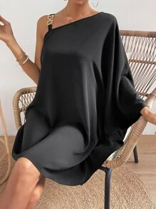 SHEIN VCAY Asymmetrical Neck Trumpet Sleeve Chain Detail Dress - Black - View 1
