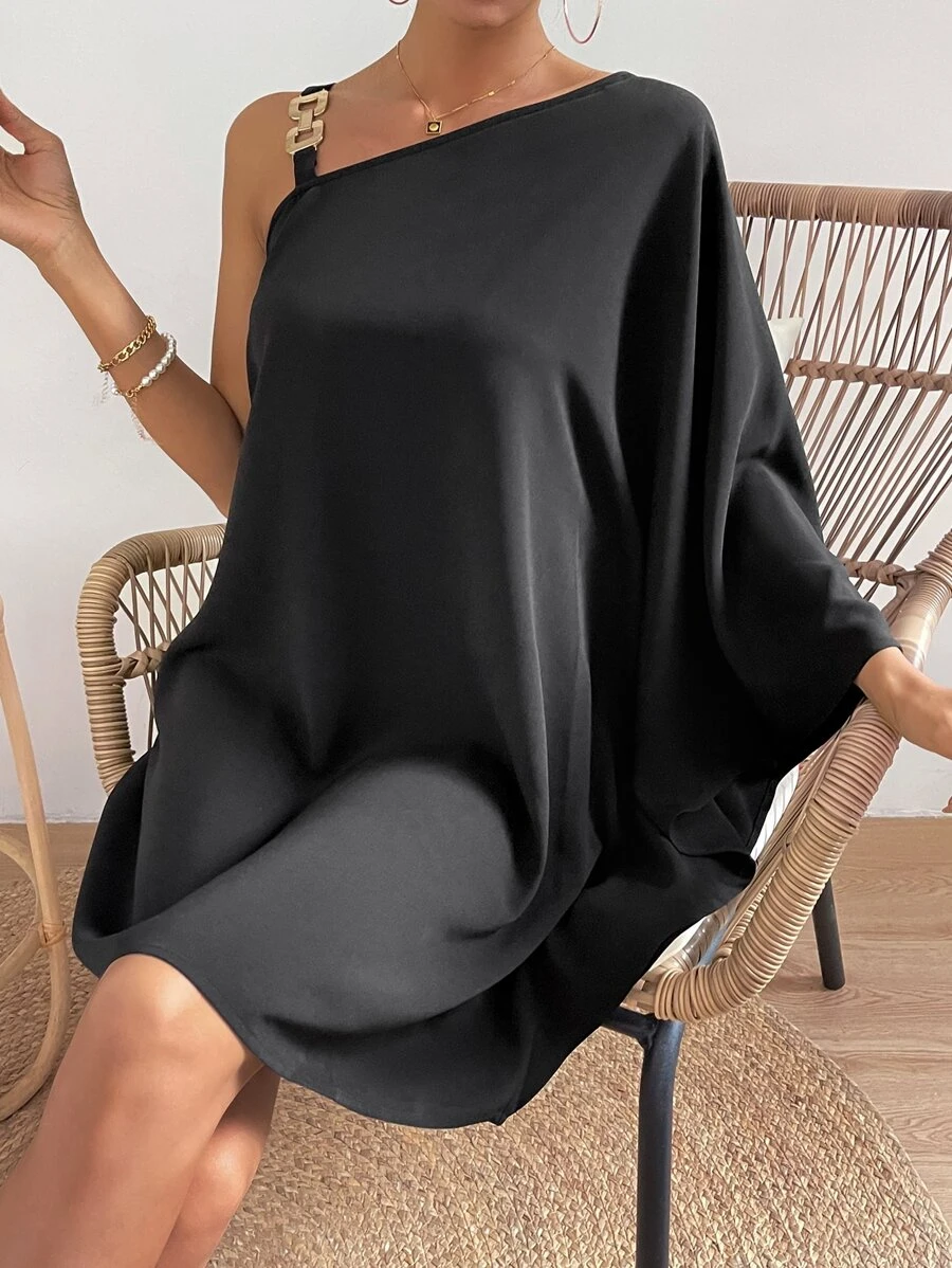 SHEIN VCAY Asymmetrical Neck Trumpet Sleeve Chain Detail Dress - Black - View 1