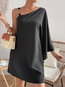 SHEIN VCAY Asymmetrical Neck Trumpet Sleeve Chain Detail Dress - Black - View 5