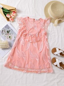 Toddler Girls Leaf Pattern Ruffle Trim Mesh Overlay Dress - Coral Pink - View 1