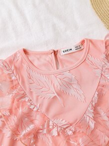 Toddler Girls Leaf Pattern Ruffle Trim Mesh Overlay Dress - Coral Pink - View 4