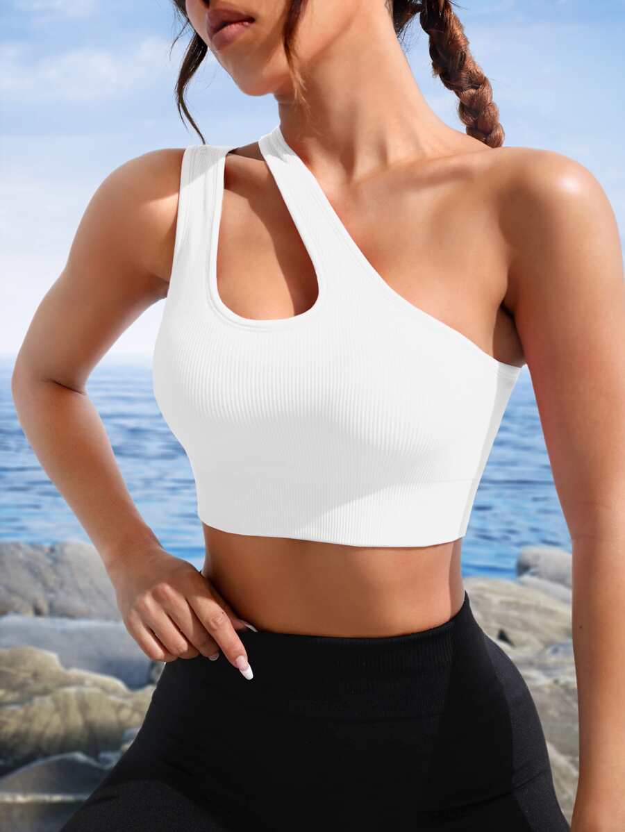 Easithlete One Shoulder Cut Out Crop Sports Bra - White - View 1