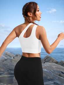 Easithlete One Shoulder Cut Out Crop Sports Bra - White - View 2