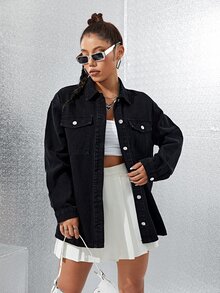 SHEIN EZwear 翻蓋口袋落肩袖牛仔外套 - 黑色 - 查看 5