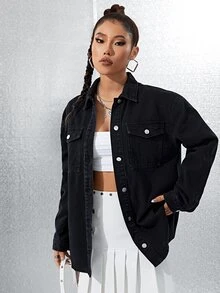 SHEIN EZwear 翻蓋口袋落肩袖牛仔外套 - 黑色 - 查看 6