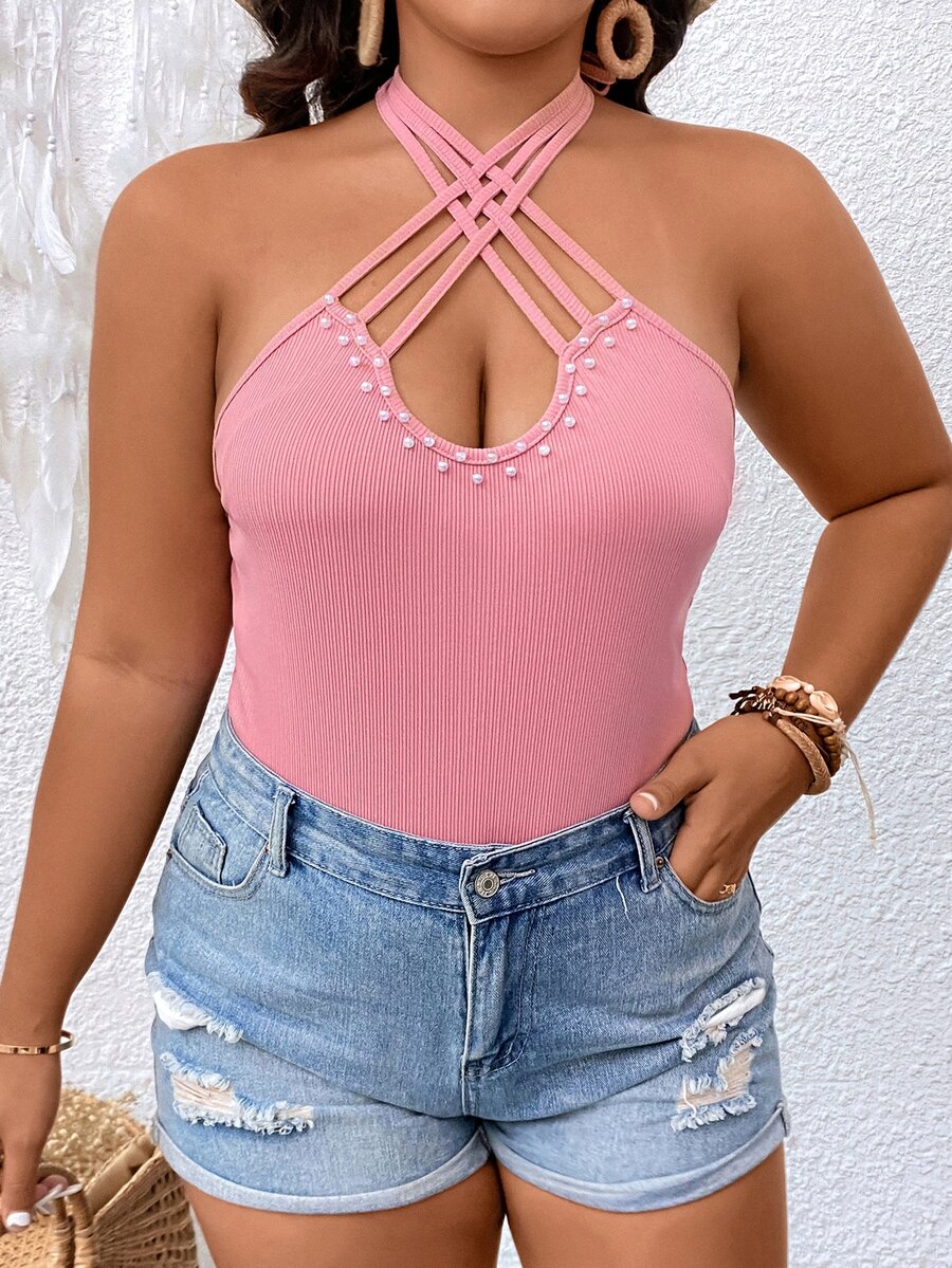 SHEIN Unity 大碼珍珠串珠十字交叉後背繫帶繞頸緊身連體衣 - 藕粉色 - 查看 1
