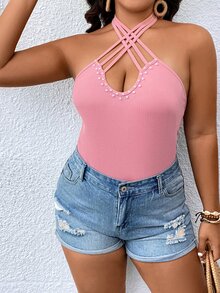 SHEIN Unity 大碼珍珠串珠十字交叉後背繫帶繞頸緊身連體衣 - 藕粉色 - 查看 3