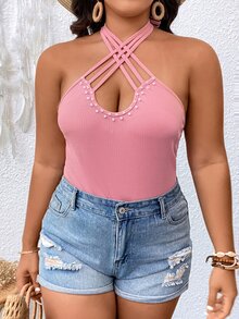 SHEIN Unity 大碼珍珠串珠十字交叉後背繫帶繞頸緊身連體衣 - 藕粉色 - 查看 4