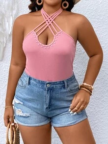 SHEIN Unity 大碼珍珠串珠十字交叉後背繫帶繞頸緊身連體衣 - 藕粉色 - 查看 5