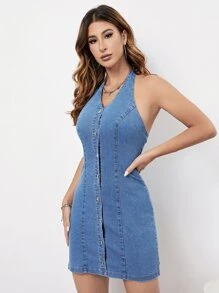 Vestido mezclilla con botón delantero de cuello halter de espalda abierta - Azul lavado medio - Ver 1