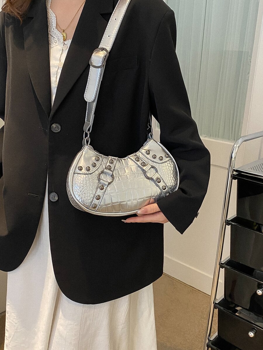 Metallic Crocodile Embossed Buckle Decor Hobo Bag - Silver - View 1