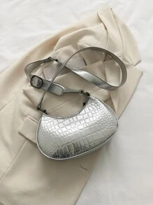 Metallic Crocodile Embossed Buckle Decor Hobo Bag - Silver - View 3