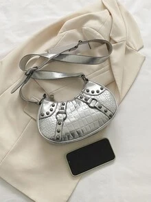 Metallic Crocodile Embossed Buckle Decor Hobo Bag - Silver - View 5