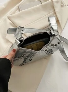 Metallic Crocodile Embossed Buckle Decor Hobo Bag - Silver - View 6