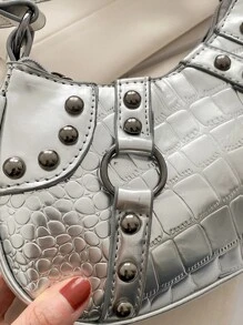 Metallic Crocodile Embossed Buckle Decor Hobo Bag - Silver - View 7