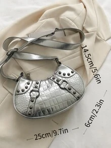 Metallic Crocodile Embossed Buckle Decor Hobo Bag - Silver - View 8