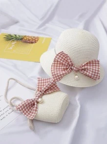 Girls Bow Decor Straw Bag With Hat - White - View 1