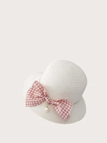Girls Bow Decor Straw Bag With Hat - White - View 3