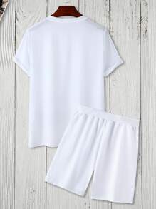 Manfinity Homme 男士字母圖案T恤和短褲 - 白色 - 查看 2