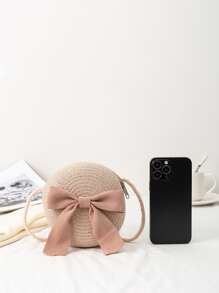 女孩蝴蝶結裝飾草編包 - 粉色 - 查看 3